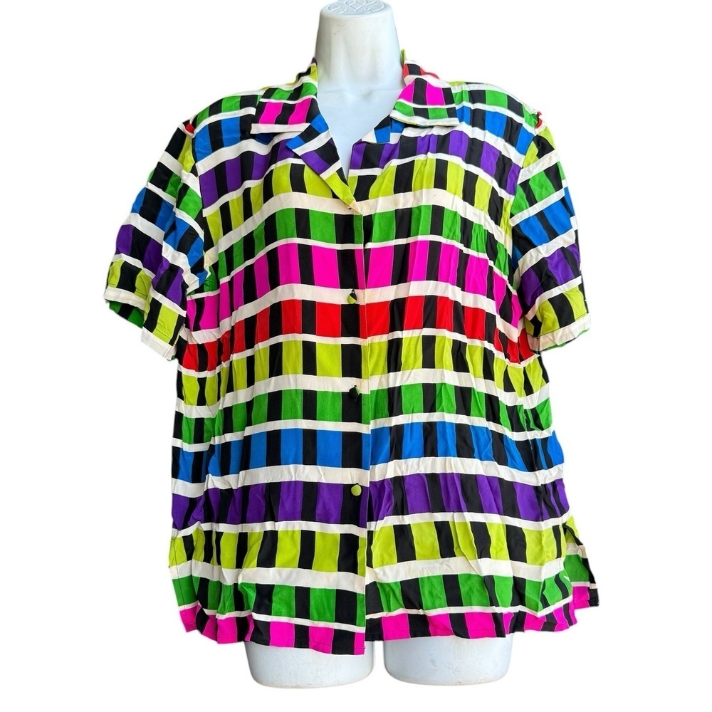 VTG Corey B. Multicolor Striped Silk Top Sz 12 Check Pattern Short Sleeve Blouse